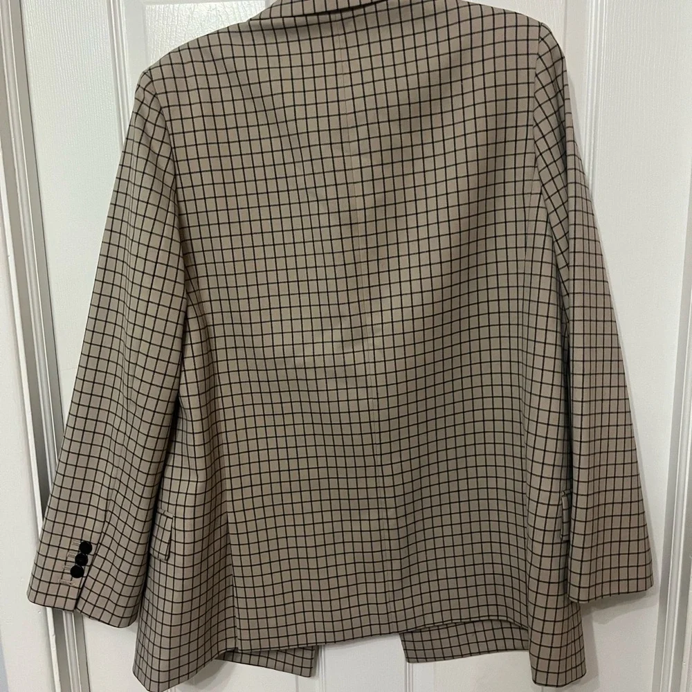 THEORY double breasted blazer tan plaid check size 8‎
